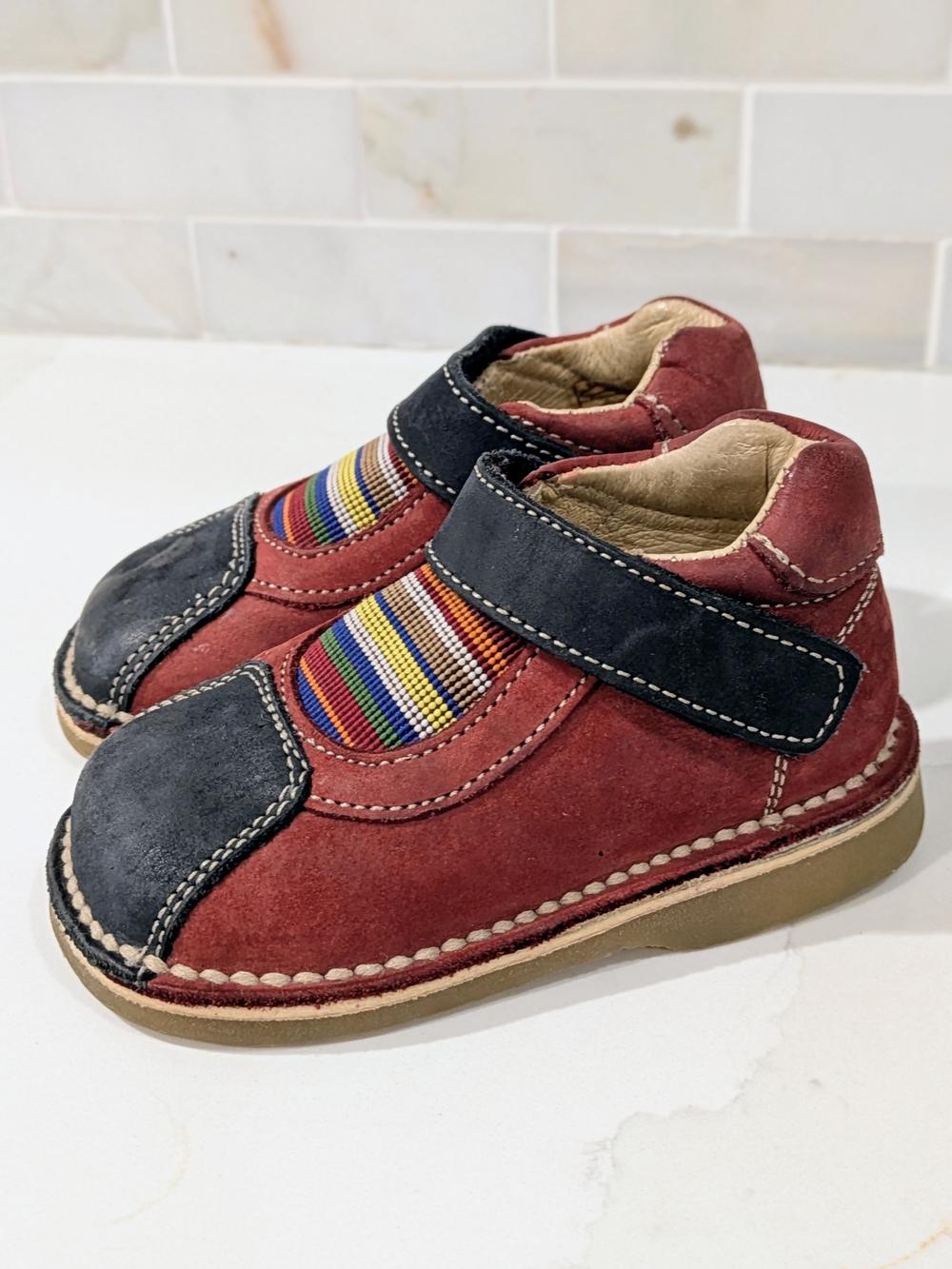 European Baby Burgundy Suede Velcro Shoes with Rainbow Accent